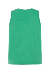 Débardeur vert uni sans manches à encolure ronde, vu de dos sur fond blanc.