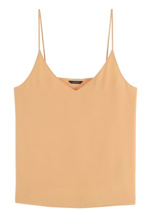 Camiseta sin mangas de color durazno con tirantes delgados ajustables, escote en V y tela suave y ligera. Corte simple y recto en el dobladillo.