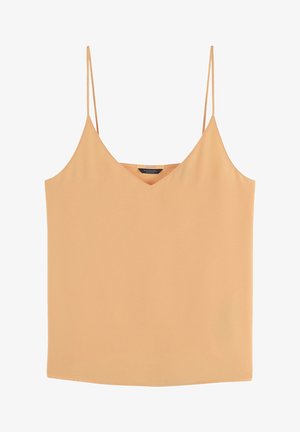 Camisole de couleur pêche avec des bretelles fines et réglables, décolleté en V et tissu lisse et léger. Coupe droite simple au niveau de l'ourlet.