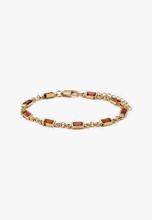 Goldenes Kettenarmband mit rechteckigen, bernsteinfarbenen Edelsteinen, die gleichmäßig entlang der Glieder verteilt sind, und einem Karabinerverschluss.