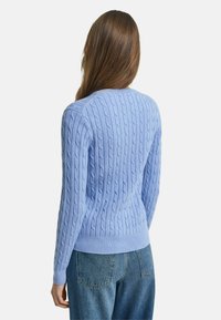 Svetlý modrý pletený sveter s rebrovaným lemom a manžetami, s textúrovaným vzorom, zobrazený zozadu.