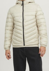 Giacca imbottita color beige chiaro con cappuccio, caratterizzata da sezioni trapuntate orizzontali, cerniera frontale e polsini e orlo a coste.