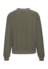 Olivza zaļa ribota džemperis ar garām piedurknēm, apaļu kakla izgriezumu un pieguļošu apdari ap apakšmalu un piedurknēm. Tekstūrveida audums ar vertikālām līnijām.