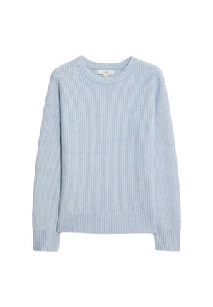 Maglione a coste di colore blu chiaro con scollatura rotonda, spalle abbassate e orlo e polsini a coste. Texture morbida e vestibilità comoda.