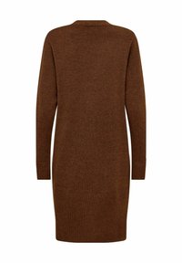 Brown knitted sweater dress, long sleeves, V-neck, ribbed hem and cuffs, textured fabric, knee-length design, simple and minimalistic style.