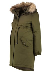 Olivgrön vadderad parka med justerbara midjeband, snap-button lockfickor, elastiska ärmslut och en huva med foder av päls.