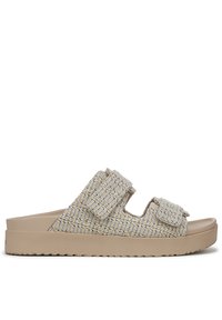 Sandalo slide beige testurizzato con due cinturini regolabili. Presenta una suola piatta beige chiaro e filati multicolori discreti nella parte superiore.