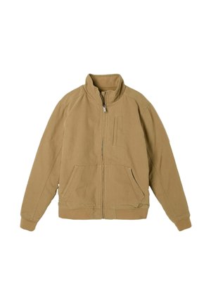 Hellbraune Reißverschlussjacke mit hohem Kragen, zwei Fronttaschen und einer kleinen Brusttasche. Verfügt über gerippte Bündchen und eine glatte Textur.