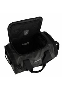 Borsa a viaggio nera realizzata in materiale resistente, con ampia apertura, tasca interna con zip e manici rinforzati per un trasporto facile.