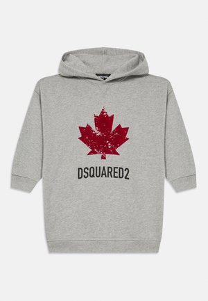 Sweat à capuche gris avec une feuille d'érable rouge usée et « DSQUARED2 » imprimé en dessous sur le devant.