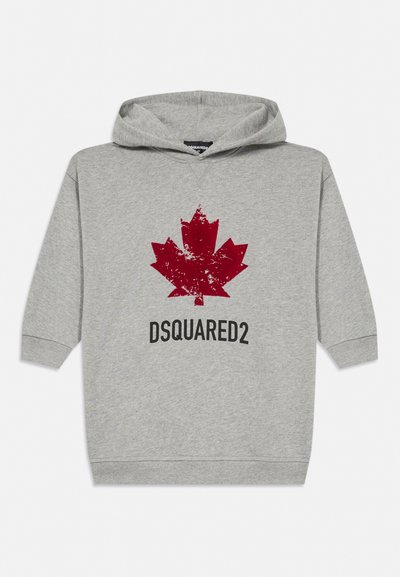 Gray hooded sweatshirt with a distressed red maple leaf and "DSQUARED2" printed below on the front.