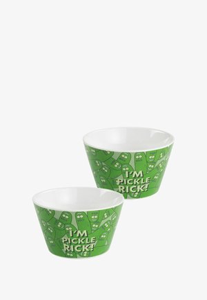 Green ceramic bowls featuring a textured exterior pattern of cartoon pickles with eyes and the text "I'M PICKLE RICK!" printed on them.