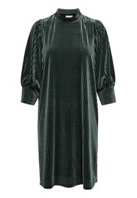 Vestido de terciopelo acanalado verde oscuro con cuello alto, mangas abullonadas y una silueta suelta de longitud hasta la rodilla. Textura suave, con un detalle mínimo.