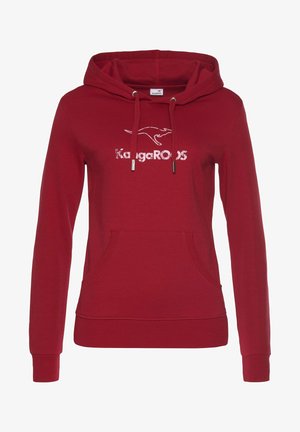 Rote Kapuzensweatjacke mit Kängurutasche, Kordelzugkapuze und einem weißen Känguru-Logo. Hergestellt aus einem weichen Baumwollgemisch mit gerippten Bündchen und Saum.