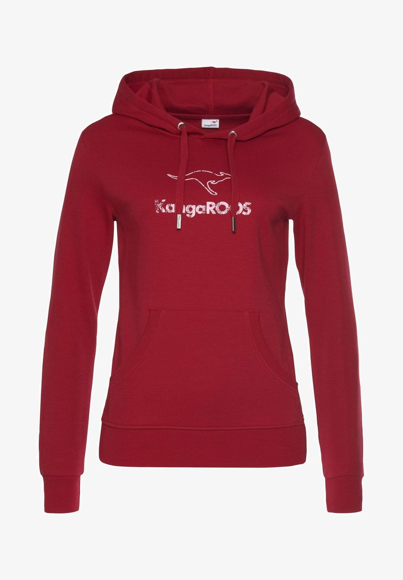 Rote Kapuzensweatjacke mit Kängurutasche, Kordelzugkapuze und einem weißen Känguru-Logo. Hergestellt aus einem weichen Baumwollgemisch mit gerippten Bündchen und Saum.