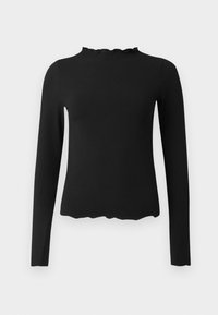 Top negru cu mâneci lungi realizat din material ribbat. Are un gât înalt cu margine ondulată și o silueta ajustată. Textură netedă, design minimal.