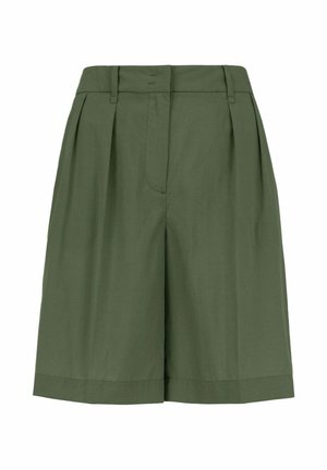 Olijfgroene shorts met hoge taille, voorvouwen, riemlussen en een verborgen knoop- en ritssluiting aan de voorkant.