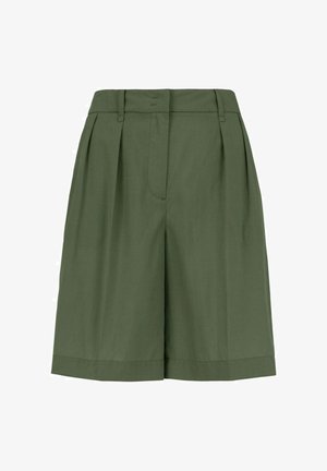 Olivegrüne Shorts mit hoher Taille, vorderen Falten, Gürtelschlaufen sowie verdecktem vorderem Knopf- und Reißverschluss.