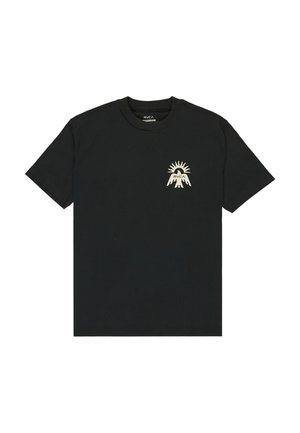 Zwarte katoenen T-shirt met korte mouwen en een ronde halslijn. Heeft een kleine, gouden grafische print op de linkerborst met bergen en een zon.