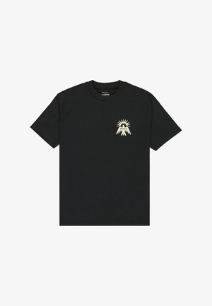Black cotton t-shirt with short sleeves and a round neckline. Features a small, gold graphic design on the left chest depicting mountains and a sun.