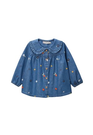 Chemise en denim pour bébé avec manches longues, boutons en bois, col Peter Pan froncé et petites fleurs multicolores brodées.