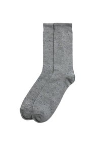 Calcetines grises de mezcla de algodón, con una textura suave y pequeños lunares azules por todo el diseño. Diseño hasta la rodilla con puntera reforzada.