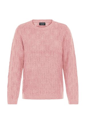 Rózsaszín kötött pulóver kerek nyakkivágással, texturált mintával, bordás mandzsettákkal és passzéval. Könnyű és enyhén laza szabású.