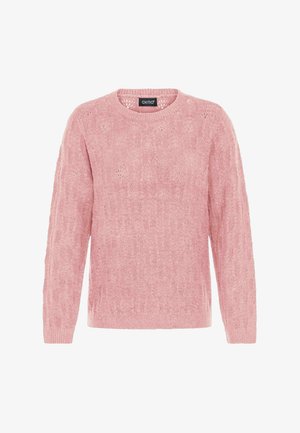 Rózsaszín kötött pulóver kerek nyakkivágással, texturált mintával, bordás mandzsettákkal és passzéval. Könnyű és enyhén laza szabású.