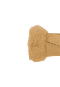 Accessorio in pelliccia sintetica color beige con una texture morbida e soffice su un'estremità e una finitura liscia simile alla pelle scamosciata sull'altra, caratterizzato da un design semplice.