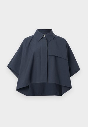 Marineblaues, kurz geschnittenes Hemd mit einem Knopfkragen, kurzen Ärmeln und einer Brusttasche. Hergestellt aus leichtem Stoff mit entspannter Silhouette.