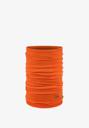 Orangefarbener Halswärmer aus weichem, dehnbarem Stoff. Verfügt über ein gerafftes, röhrenförmiges Design mit einem Buff-Logo an der unteren Seite.