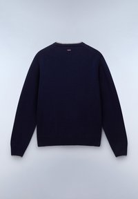 Navyblauwe gebreide sweater met raglanmouwen. Heeft een ronde halslijn, geribde zoom en contrasterende grijze accenten bij de manchetten.