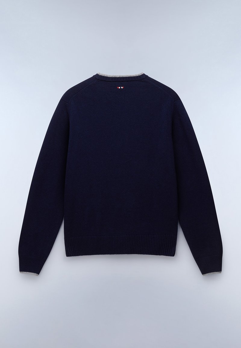 Granatowy sweter dzianinowy z raglanowymi rękawami. Posiada okrągły dekolt, ściągacz na dolnym hemie oraz kontrastowe szare akcenty na mankietach.