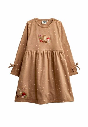 Hellbraunes langärmeliges Kleinkindkleid mit weißen Polka-Dots, Tierstickerei, Schulterknöpfen und Schleifen an den Ärmeln.