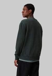 Felpa verde scuro con polsini e orlo a coste, texture morbida, colletto rotondo, indossata sopra una camicia blu, abbinata a jeans neri.