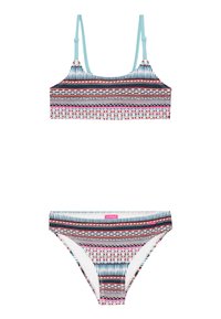 Twee-delig bikini set met een meerkleurig geometrisch patroon op een rekbare stof. De top heeft dunne bandjes en de broek heeft een laag uitgesneden model.