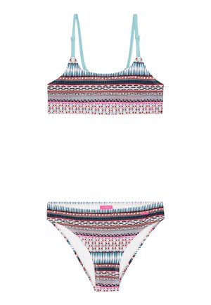 Twee-delig bikini set met een meerkleurig geometrisch patroon op een rekbare stof. De top heeft dunne bandjes en de broek heeft een laag uitgesneden model.
