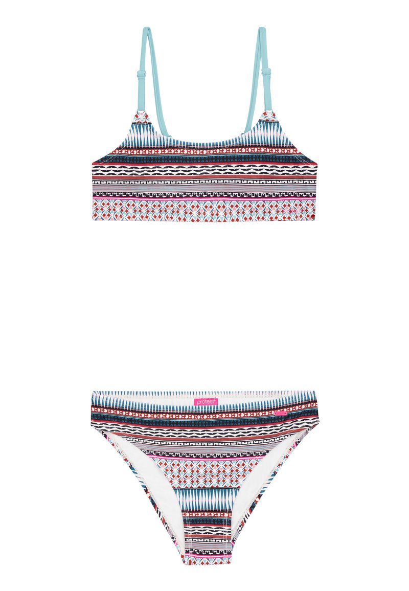 Twee-delig bikini set met een meerkleurig geometrisch patroon op een rekbare stof. De top heeft dunne bandjes en de broek heeft een laag uitgesneden model.