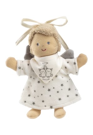 Soft fabric doll with beige face, knitted hair, and a white dress featuring gray stars. Includes gray wings and a bib with two cat designs.