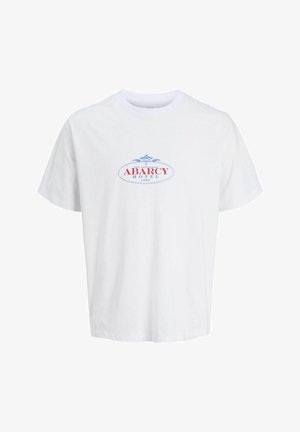 Weißes Baumwoll-T-Shirt mit lockerer Passform. Mit einem blau-roten Grafikdruck von "ABARCY HOTEL" in ovaler Form.