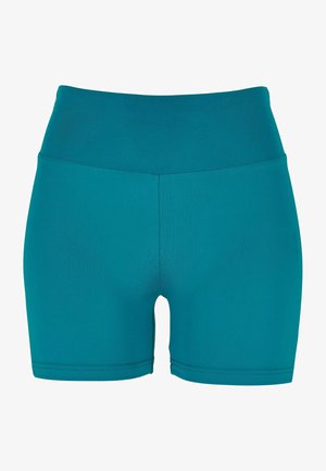Tyrkysové sportovní šortky s vysokým pasem, vyrobené z hladkého a elastického materiálu. Mají ploché švy a přiléhavý střih.