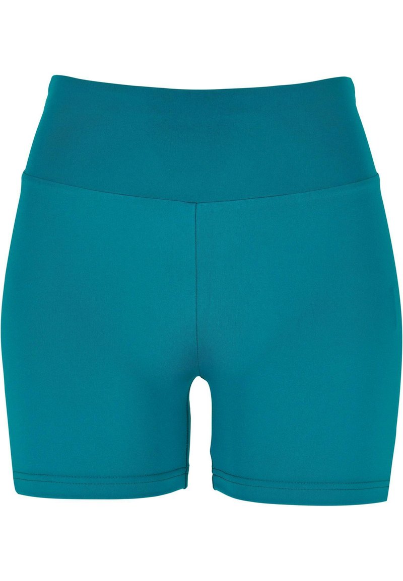 Teal sportieve shorts met een hoge tailleband, gemaakt van een gladde, rekbare stof. Heeft platte naden en een aansluitend ontwerp.