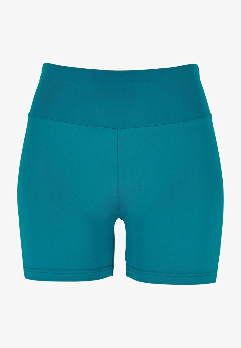 Tyrkysové sportovní šortky s vysokým pasem, vyrobené z hladkého a elastického materiálu. Mají ploché švy a přiléhavý střih.