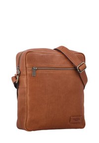 Sac bandoulière en cuir marron avec une texture lisse, fermeture éclair à l'avant et bandoulière réglable. Design minimaliste sans motifs visibles.