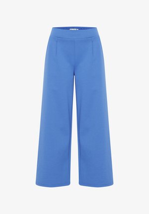 Pantalones azules de pierna ancha con una textura suave, que cuentan con una cintura elástica y pliegues delanteros. Hechos de una tela suave y elástica.