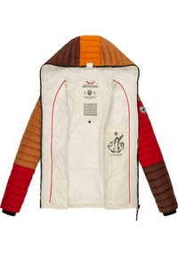 Quilted jacket with a multi-colored exterior featuring red, orange, brown, and black panels; lined with white fabric; includes inner branding details.