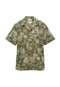 Krátky rukáv zelená košeľa so vzorom bielej krajiny s stromami, domami a člnmi. Vyrobená z ľahkého materiálu s golierom a gombíkmi.