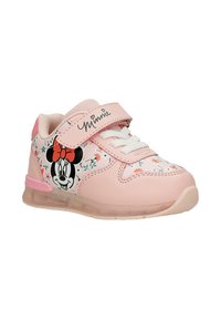Baskets roses pour enfants avec visage de Minnie Mouse, motif floral, lacets blancs et bride Velcro portant l’inscription « Minnie » en écriture cursive.