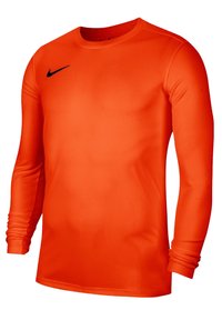 Langarm sportshirt in feloranje, gemaakt van gladde, rekbare stof. Bevat een zwart Nike-logo op de borst.