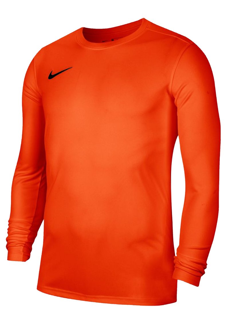 Langarm sportshirt in feloranje, gemaakt van gladde, rekbare stof. Bevat een zwart Nike-logo op de borst.